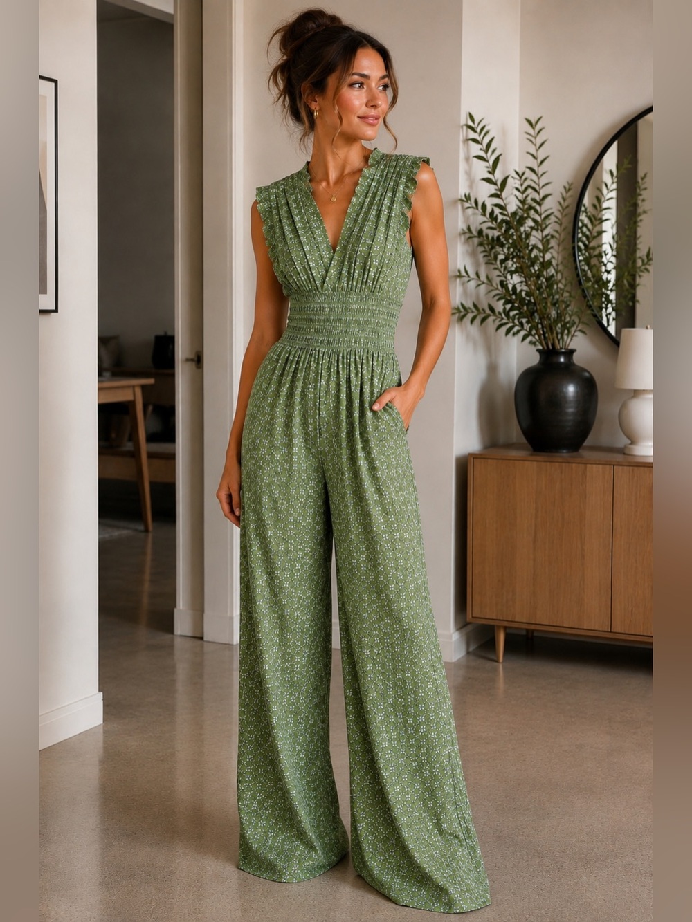 Max Studio Green Floral Smocked Wide Leg Jumpsuit Size L NWOT